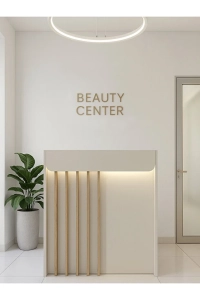 Karibu Ledli Karşılama Bankosu 110 cm Ofis Kasa Resepsiyon Masası Kumtaşı - Sepet